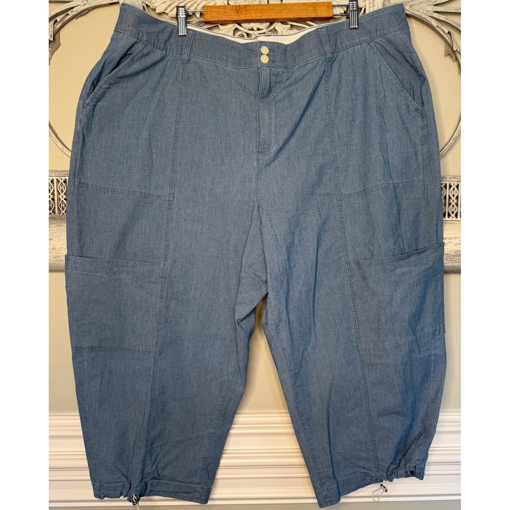 Lane Bryant Womens‎ Blue Chambray Cargo Capri Pants Plus Size 24 Bungee Hem EUC